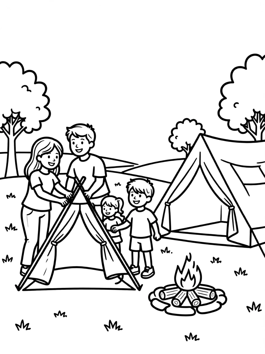 Family camping trip setting up tents and campfire
