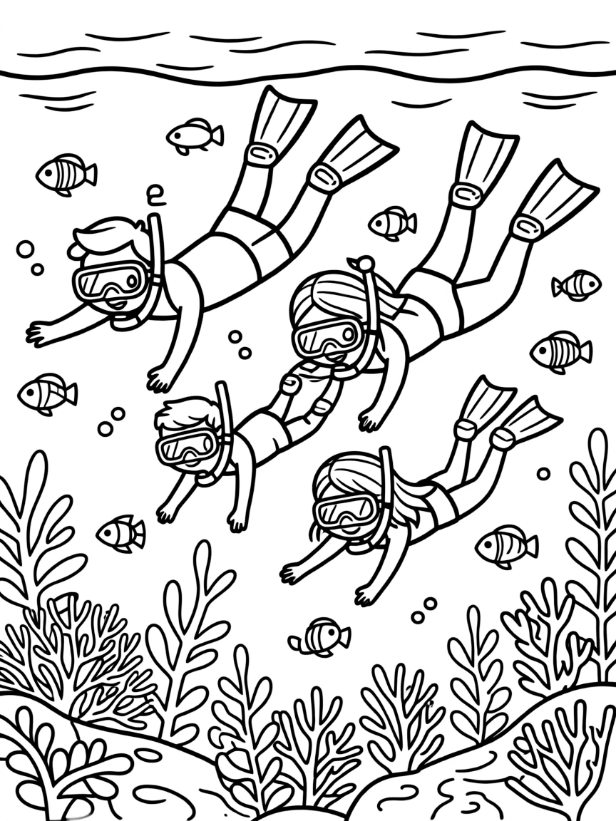 Family snorkeling at a coral reef with fish and plants
