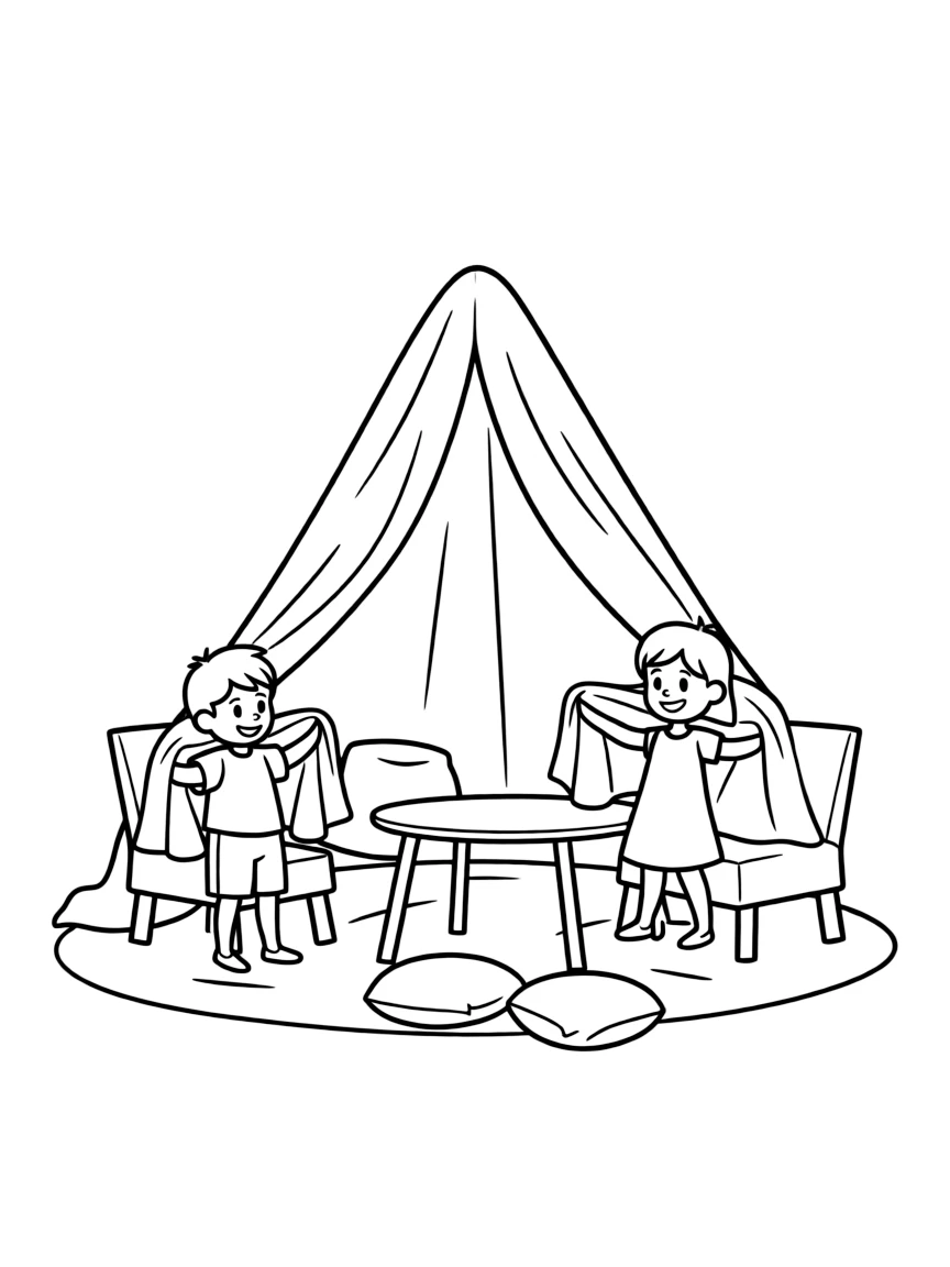 Children building a fort with blankets and furniture