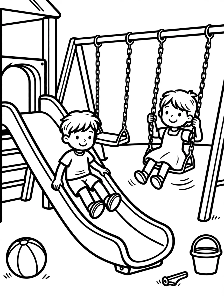 Kids playing on a playground with slides and swings