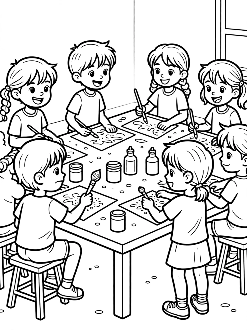 Children making art projects with paint and glitter