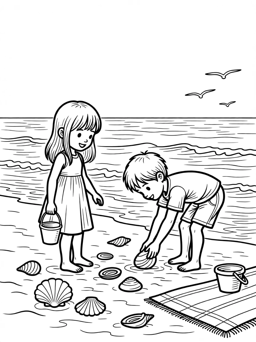 Children collecting shells at the beach with buckets