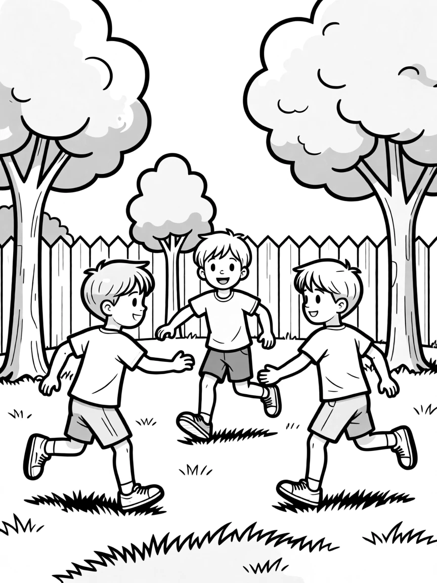 Children playing tag in a backyard with trees