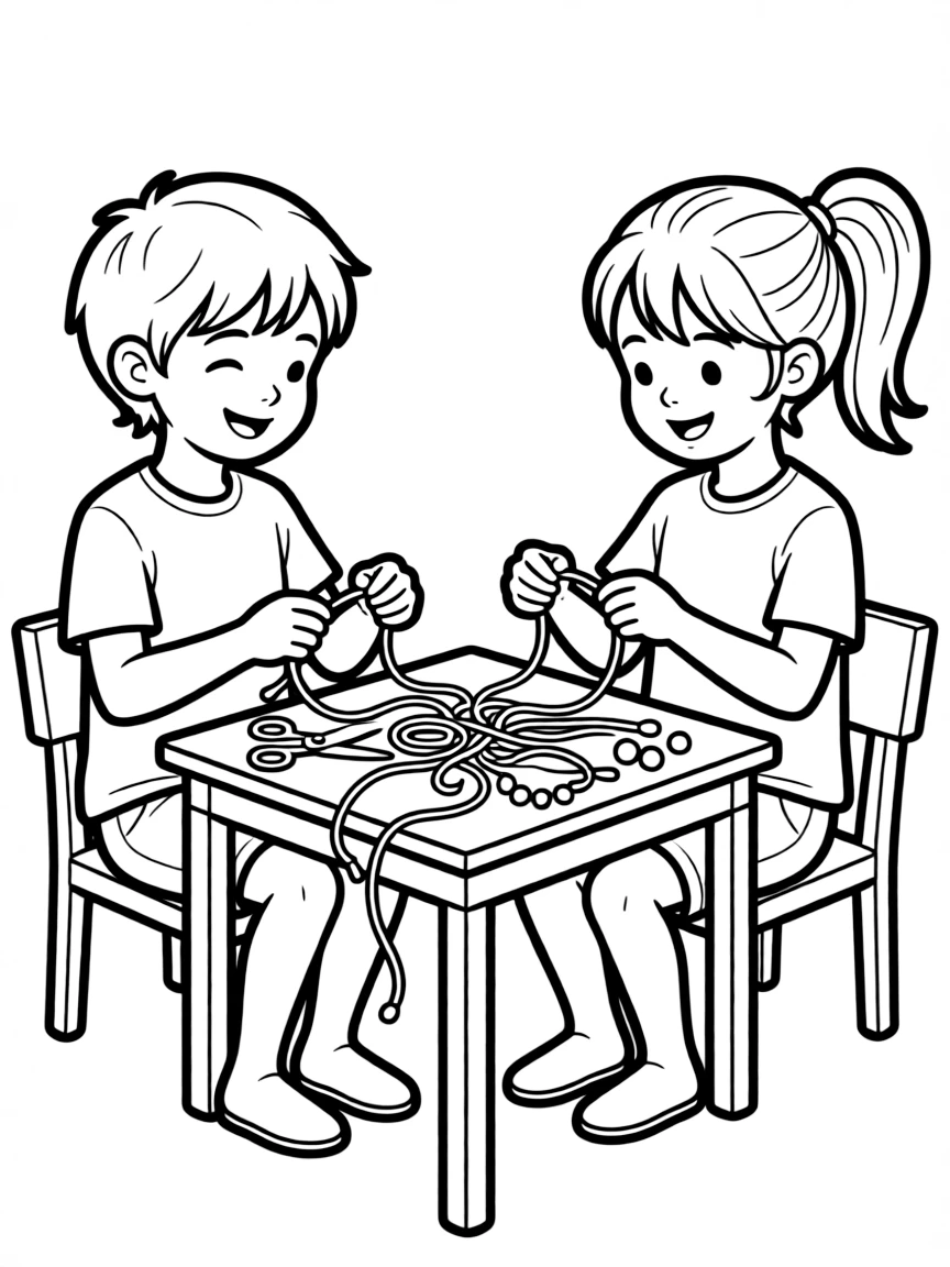 Kids making friendship bracelets with colorful threads