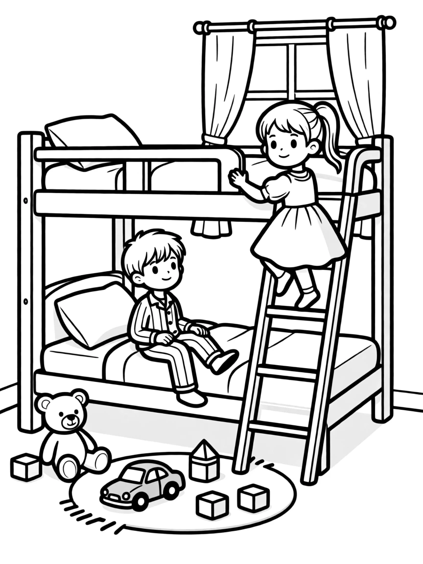 Siblings sharing a bedroom with bunk beds and toys