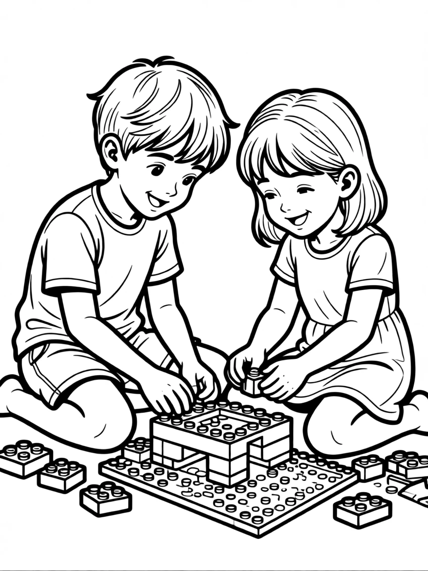 Siblings building a LEGO creation together