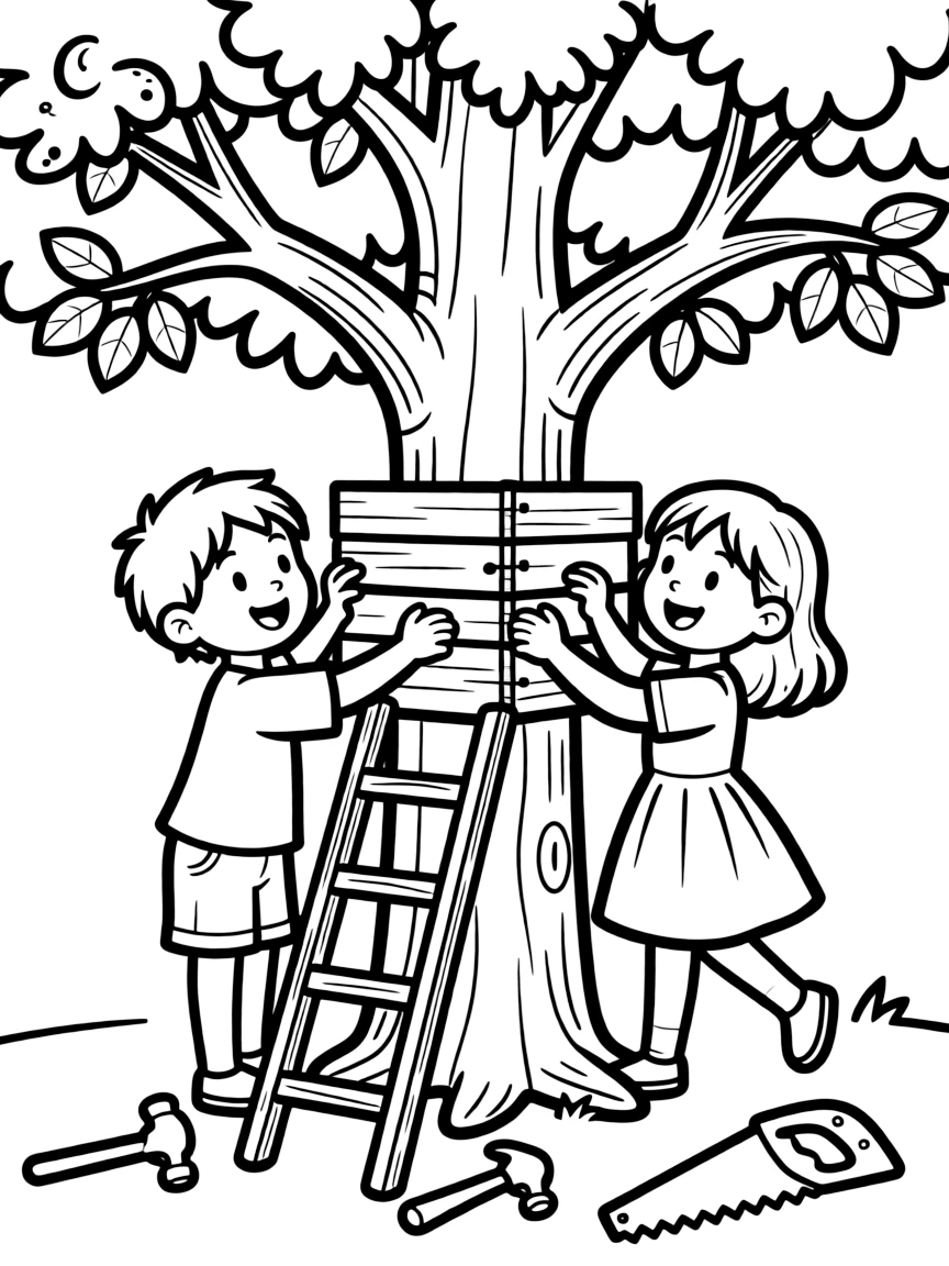 Siblings working together to build a treehouse