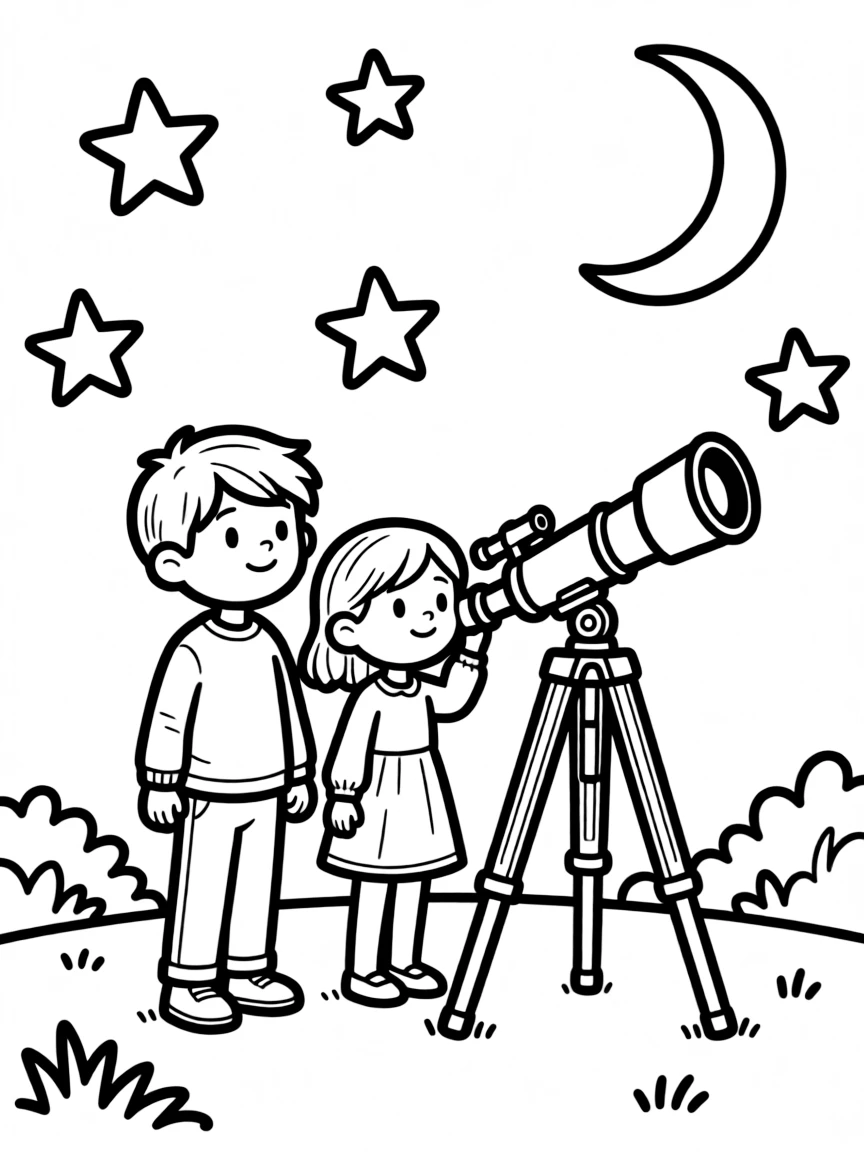 Brothers and sisters stargazing with a telescope