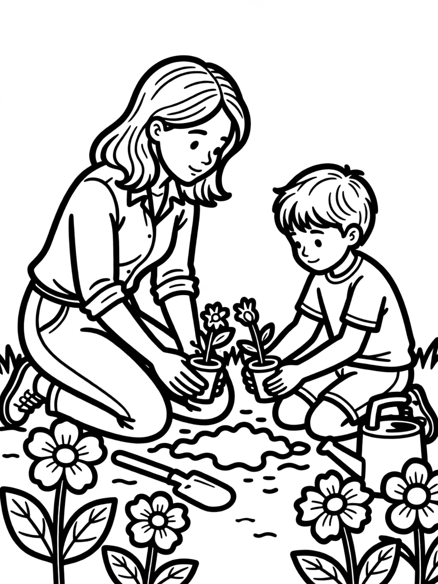 Mom and child planting flowers in a garden