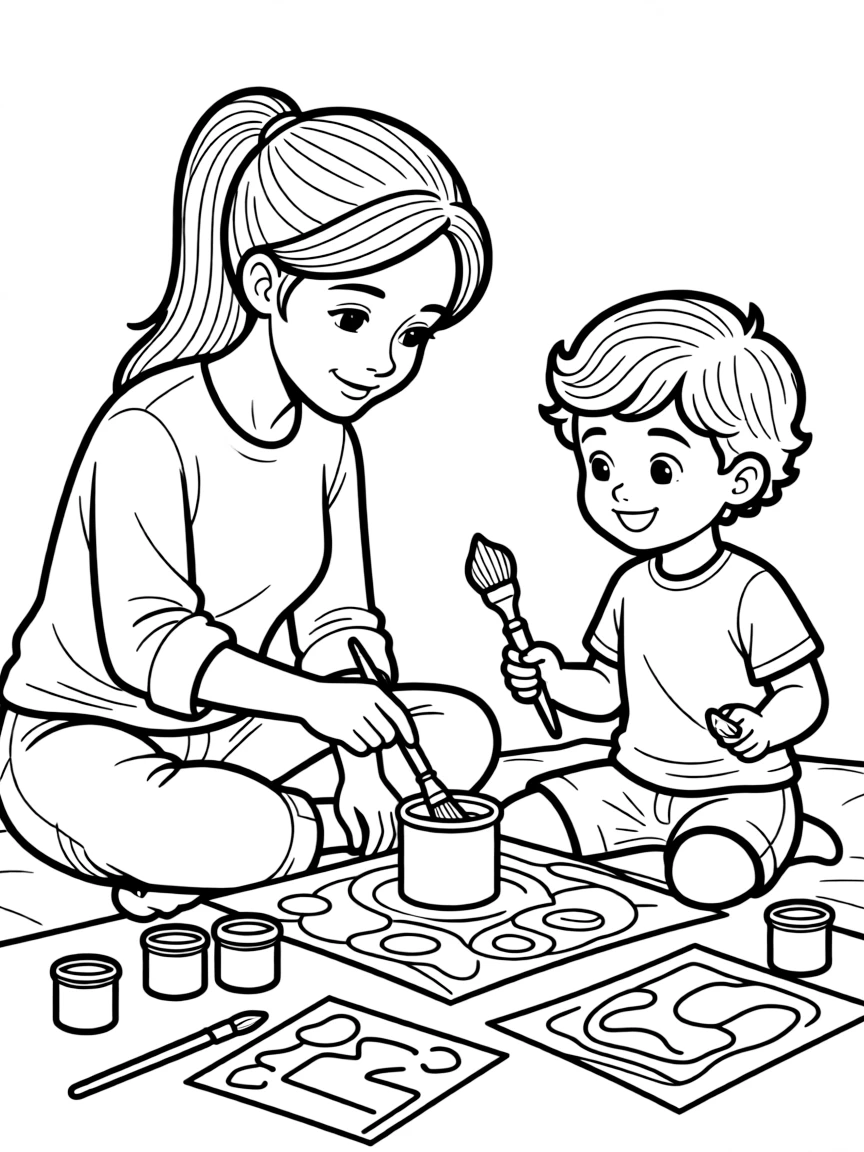 Mom and child making art with paints and brushes