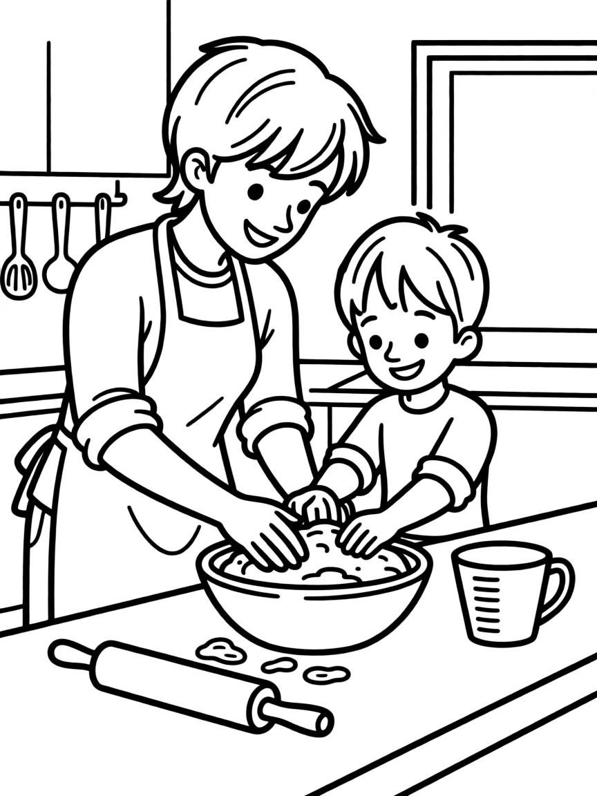 Parent showing child how to bake bread