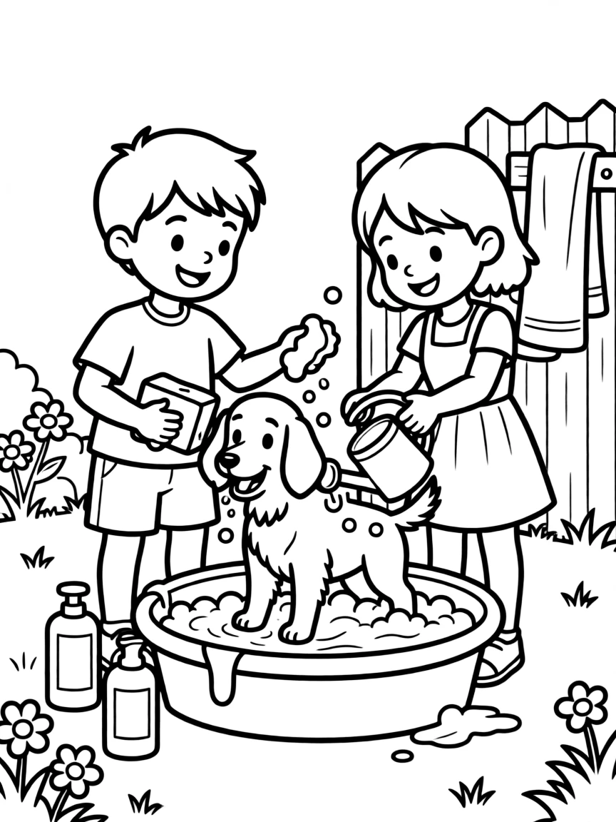 Children giving the family dog a bath outside