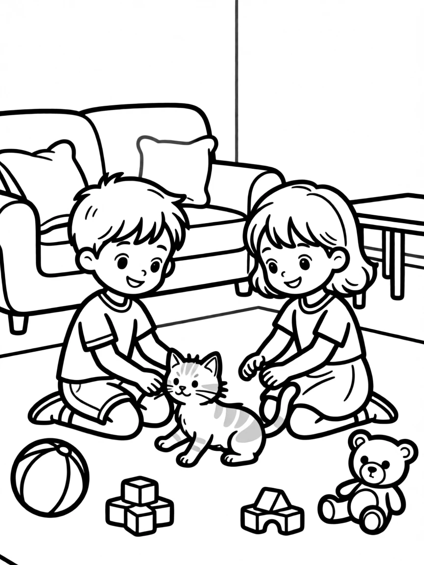 Children playing with a cat and toys in a living room