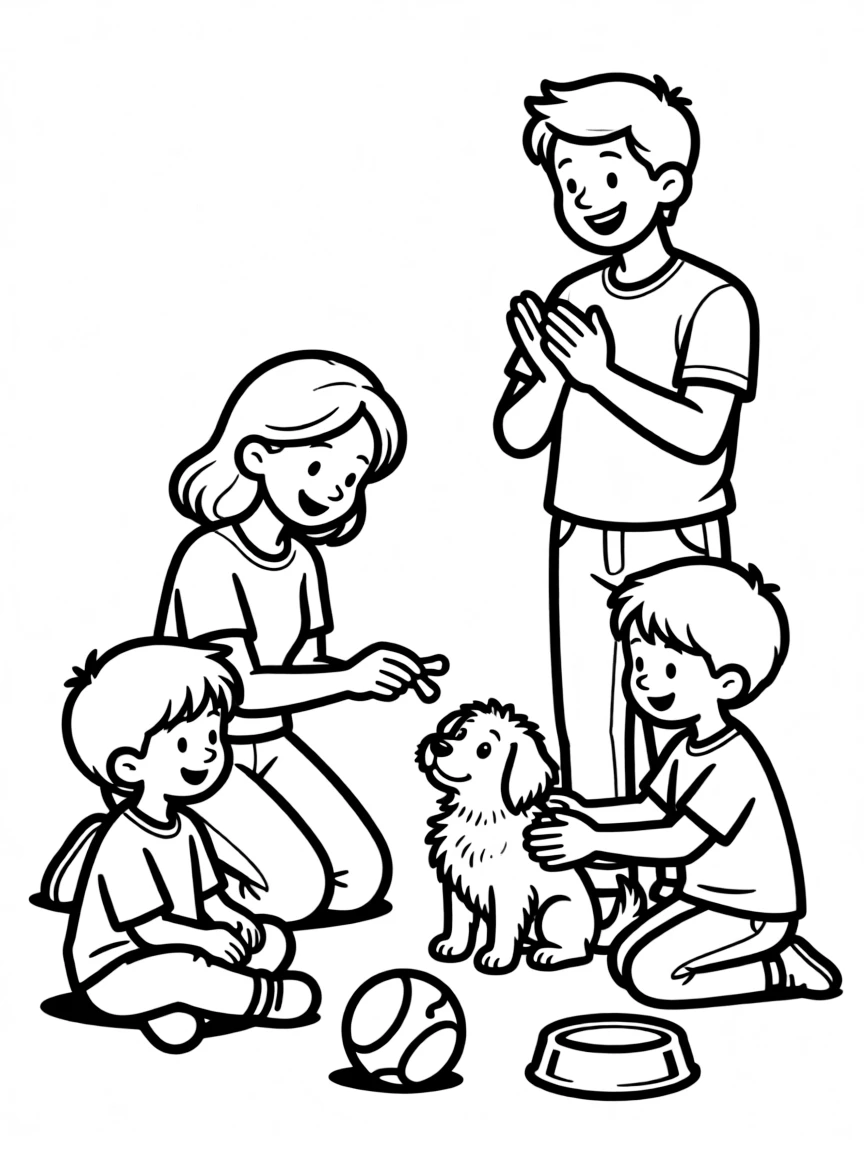 Family helping a new puppy learn tricks