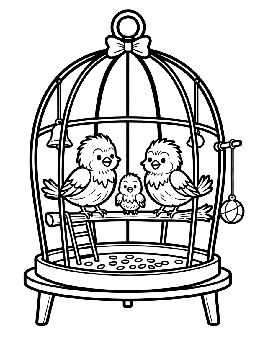 Family birds in a decorated cage with toys