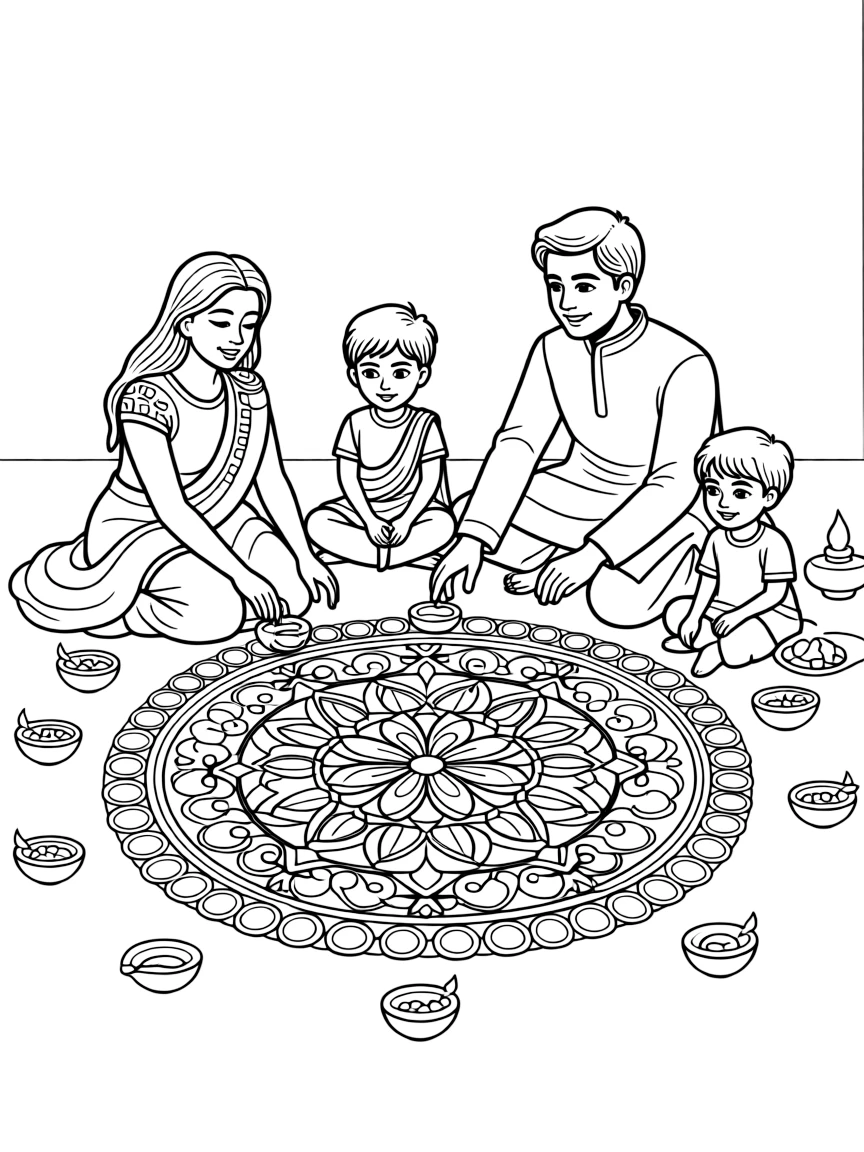 Indian family creating rangoli designs for Diwali