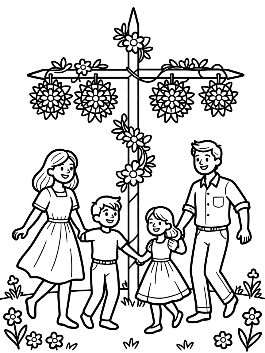Swedish family dancing around a Midsummer pole