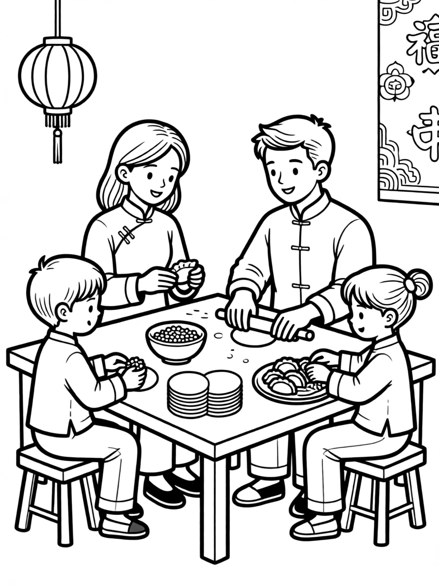 Chinese family making dumplings together for New Year