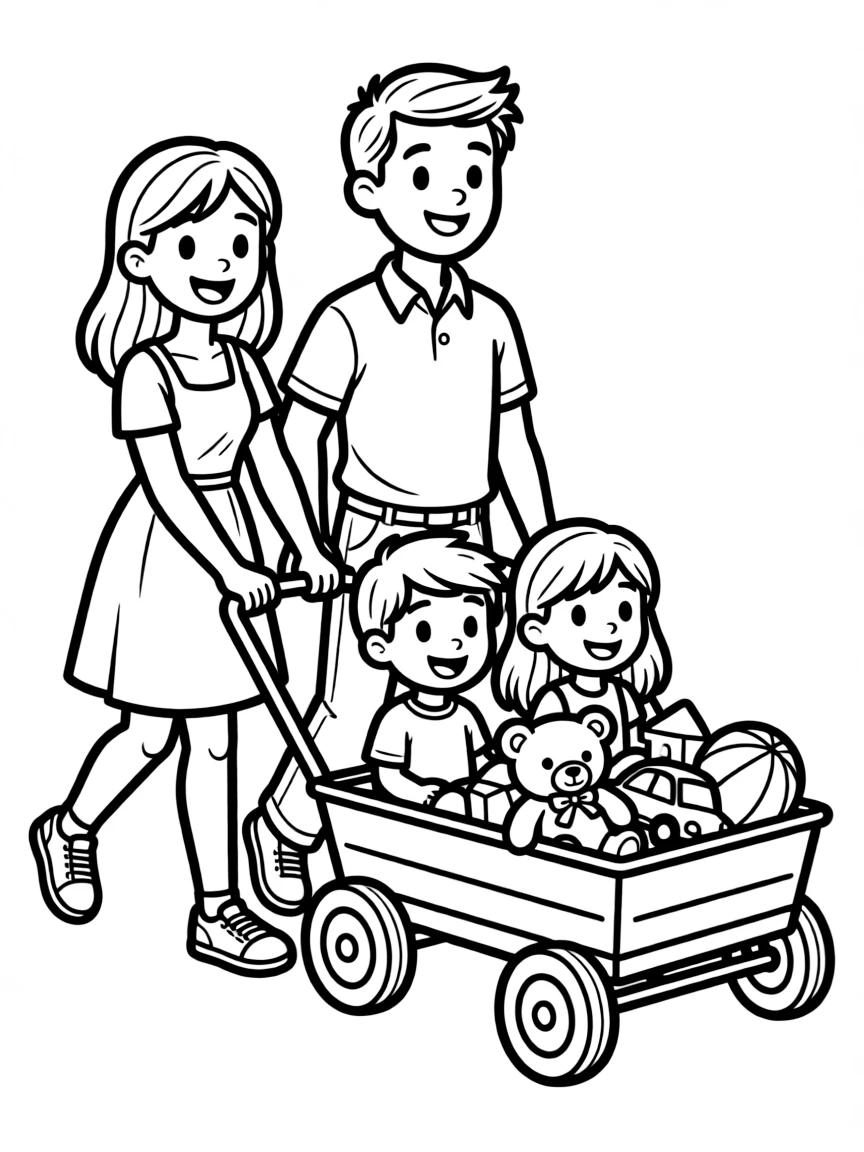 Parents pulling children in a wagon filled with toys