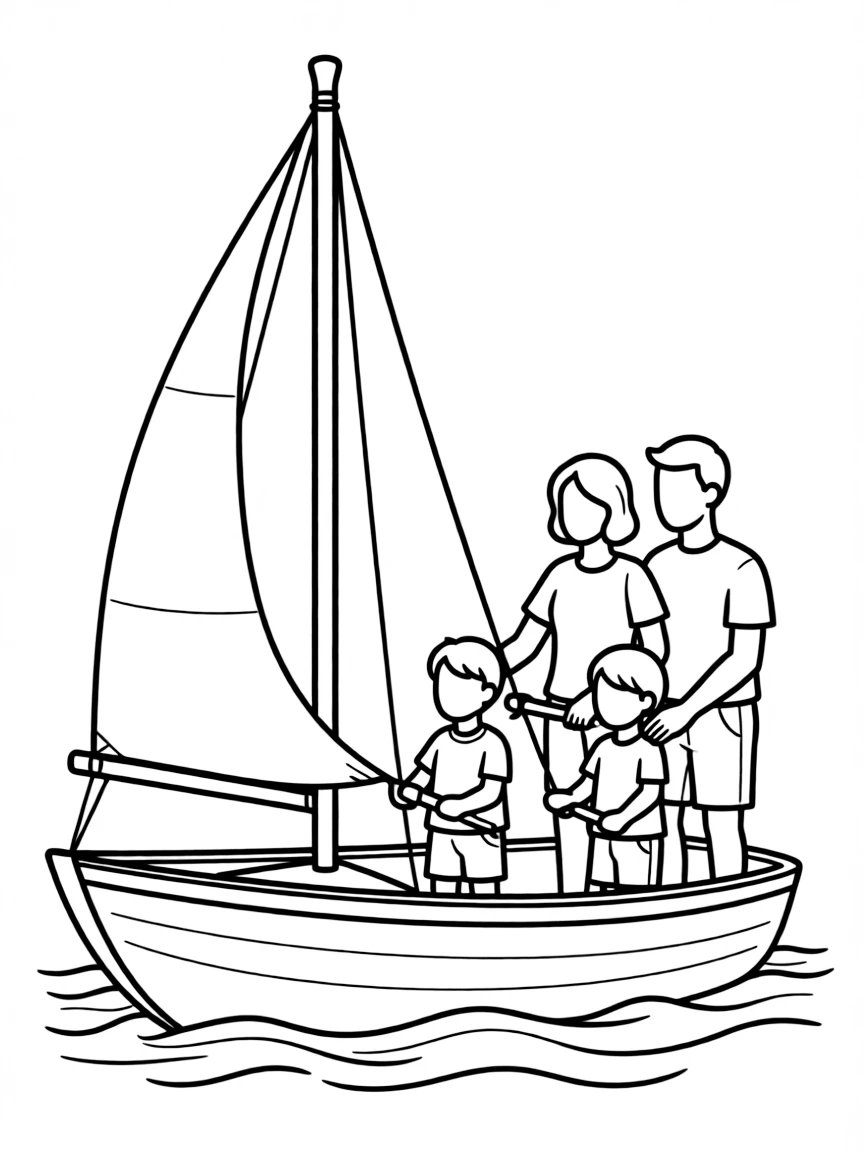 Parents teaching children to sail a small boat