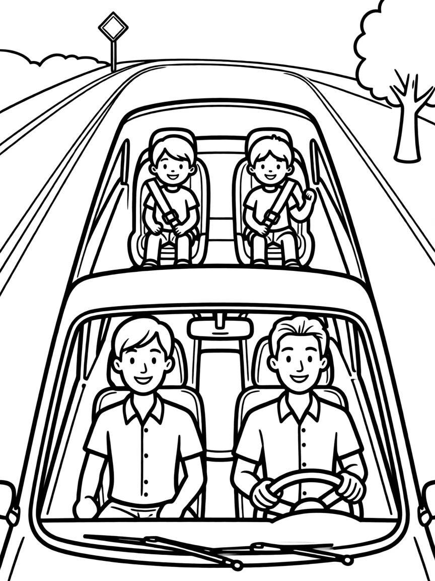 Children in car seats with parents driving