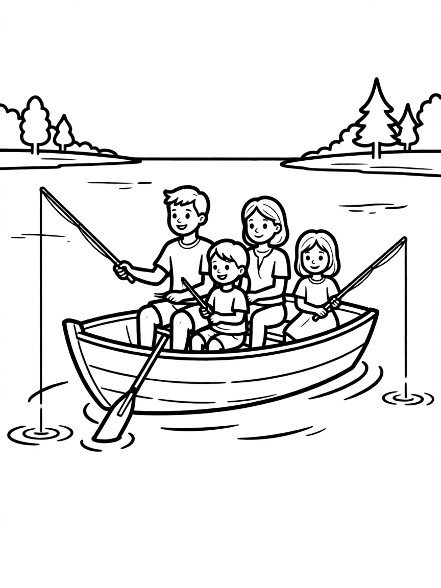 Family in a rowboat on a lake with fishing poles