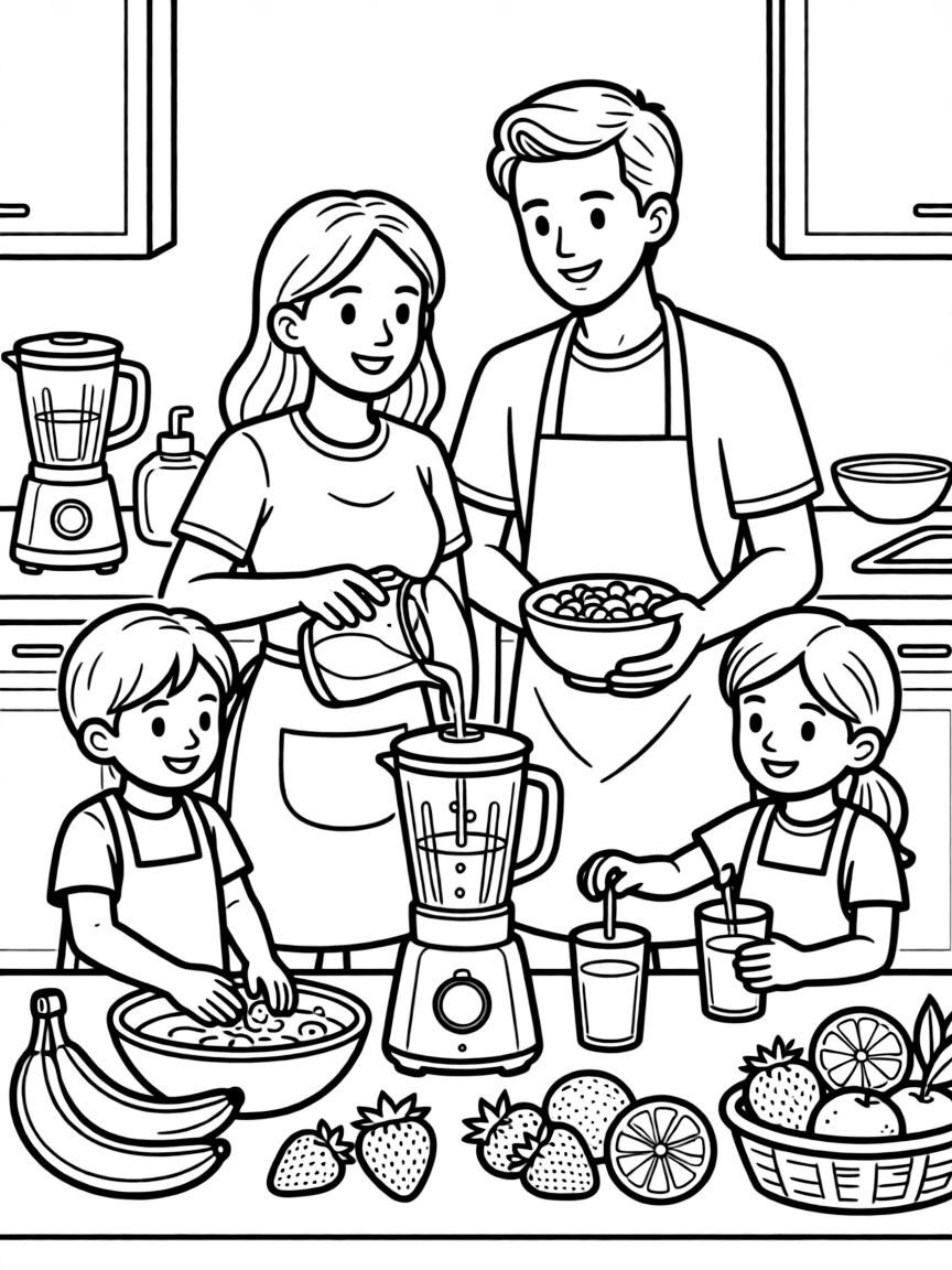 Family creating healthy smoothies in the kitchen