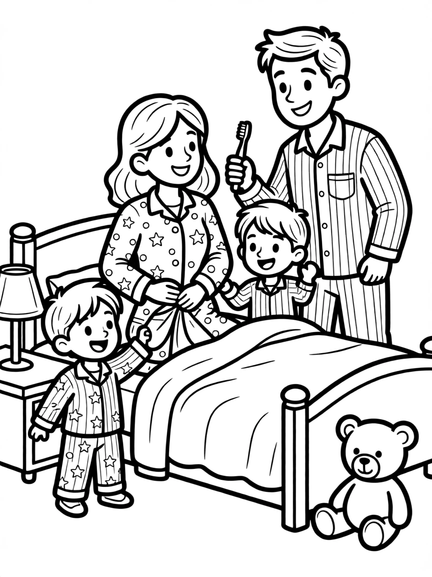Family getting ready for bed with pajamas