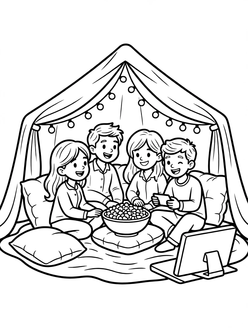 Family movie night with blanket fort and popcorn