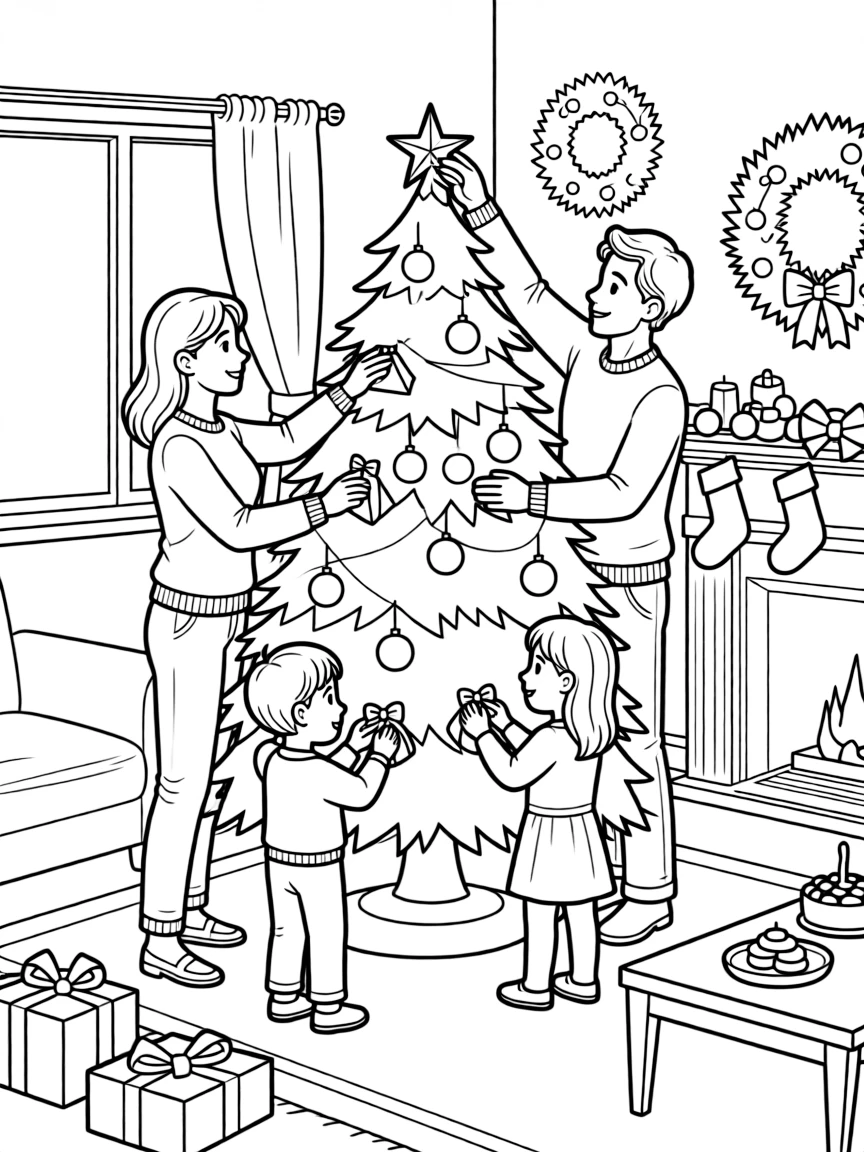 Parents and children decorating the house for holidays