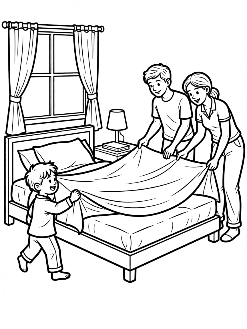 Children helping parents change bed sheets