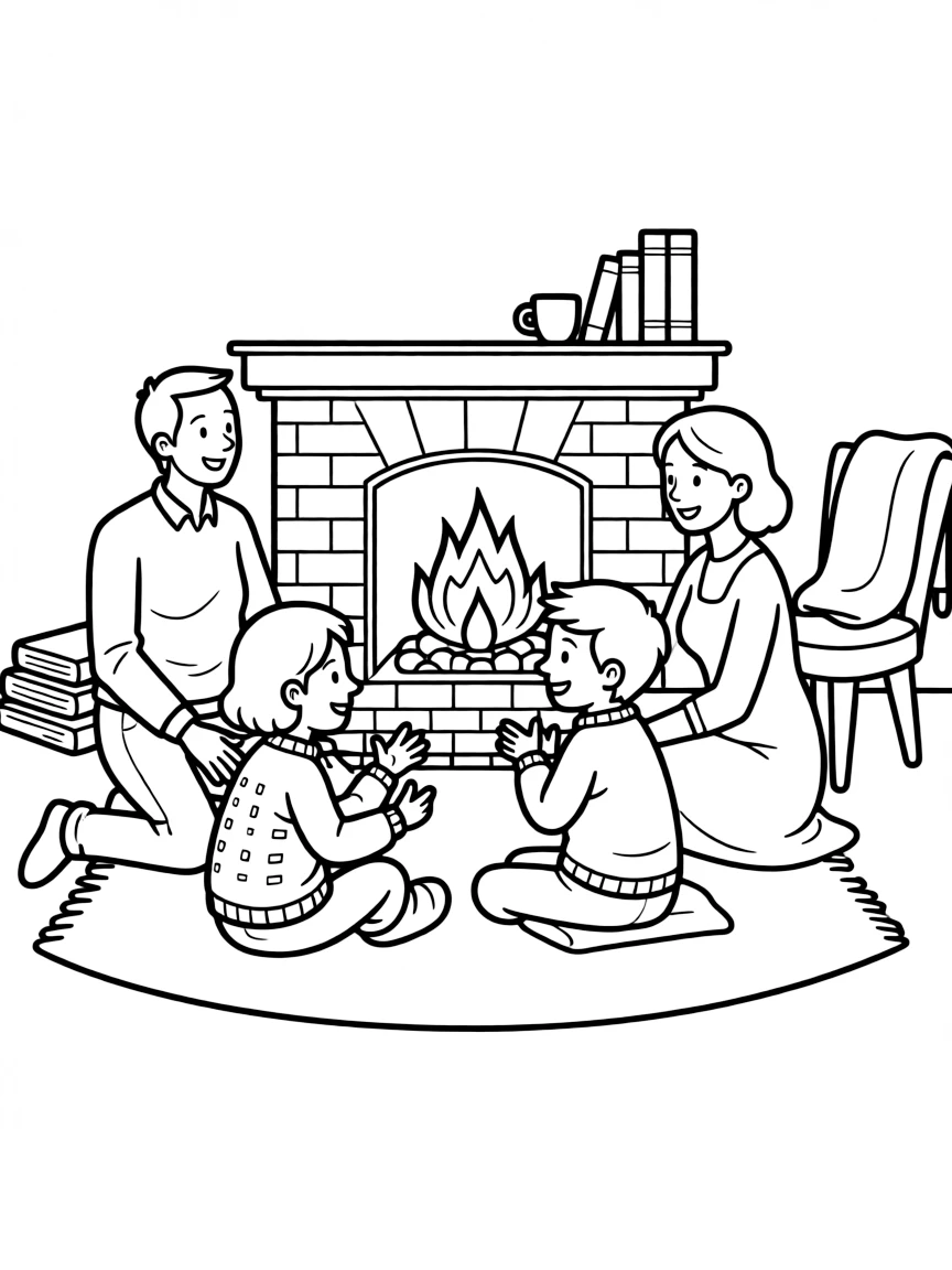 Family sharing stories around a fireplace