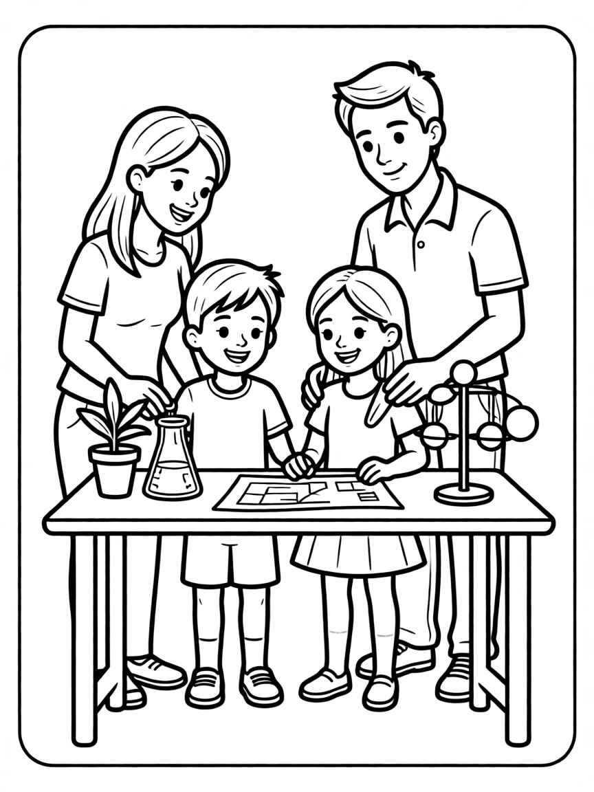 Parents helping children with a science project