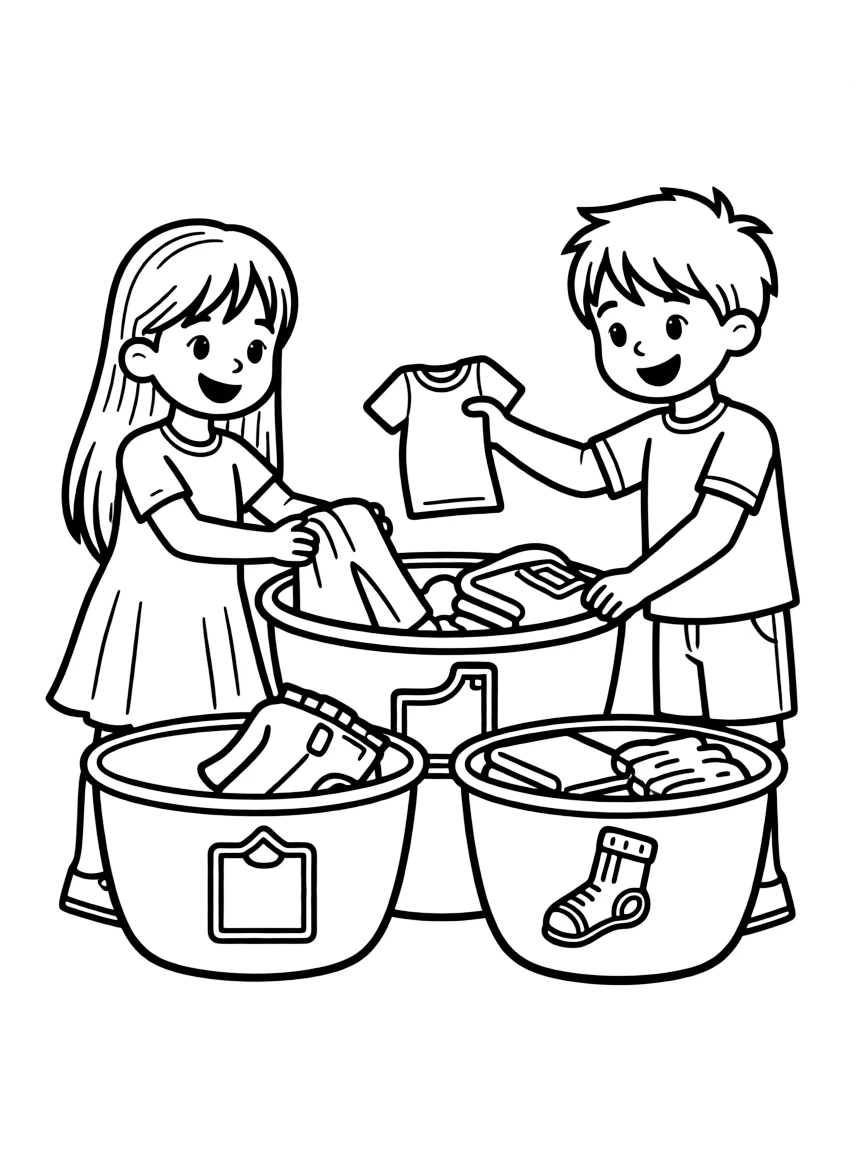 Children learning to sort laundry into baskets