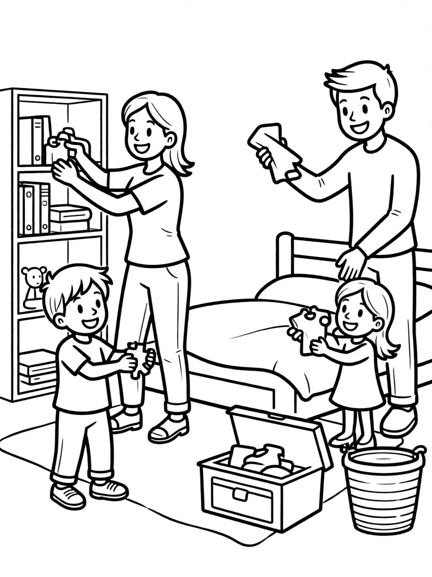 Parents helping children clean their rooms