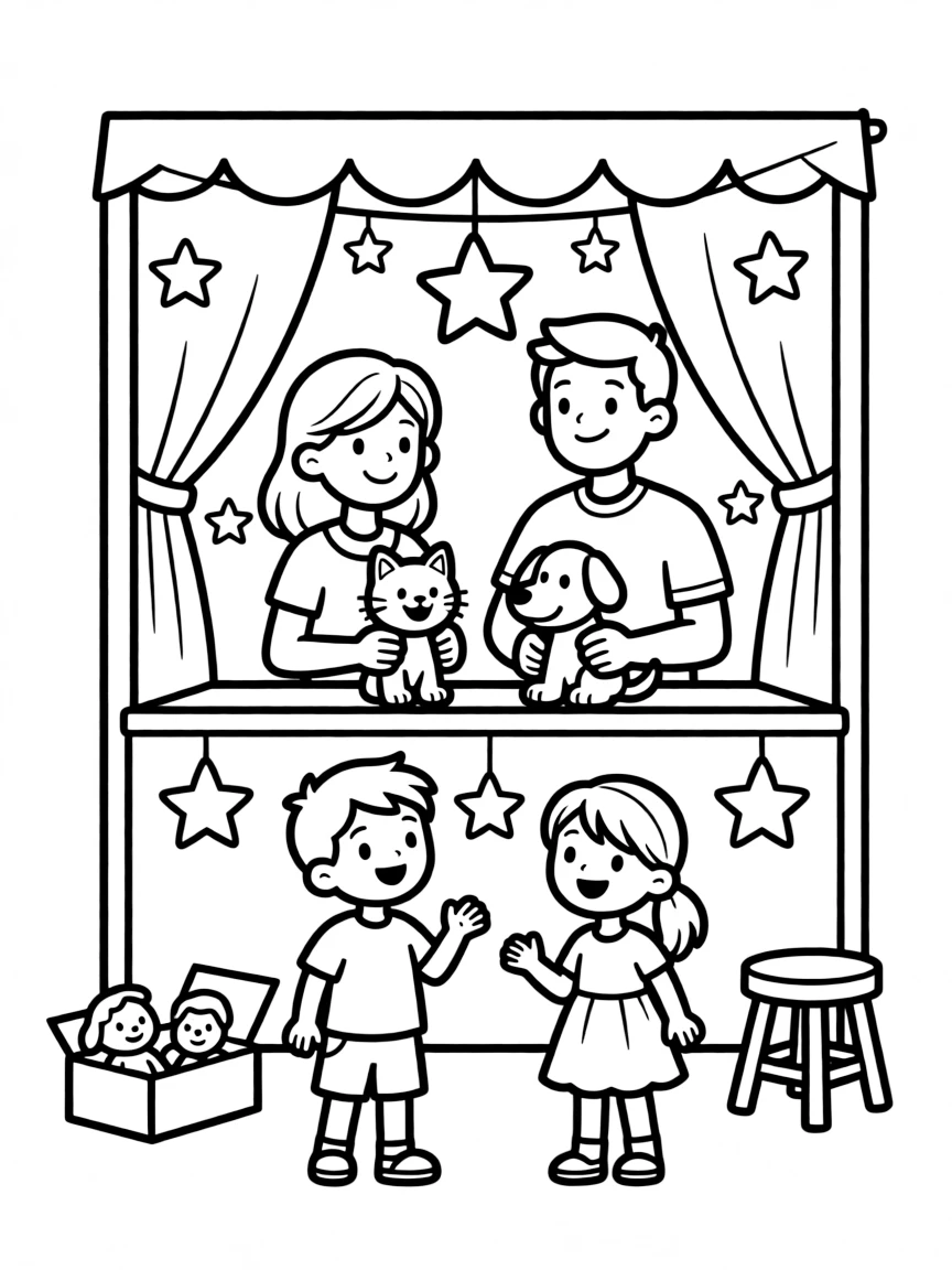 Parents and children putting on a puppet show
