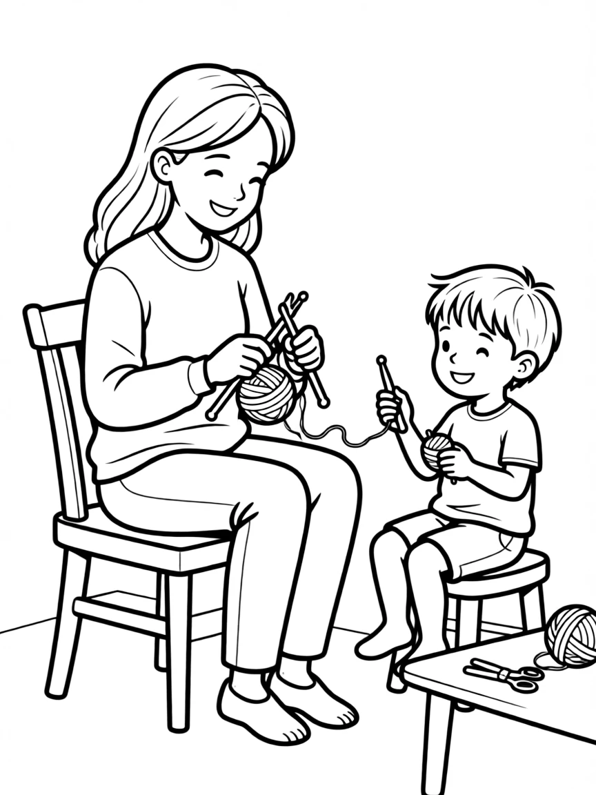 Parents teaching children to knit or crochet