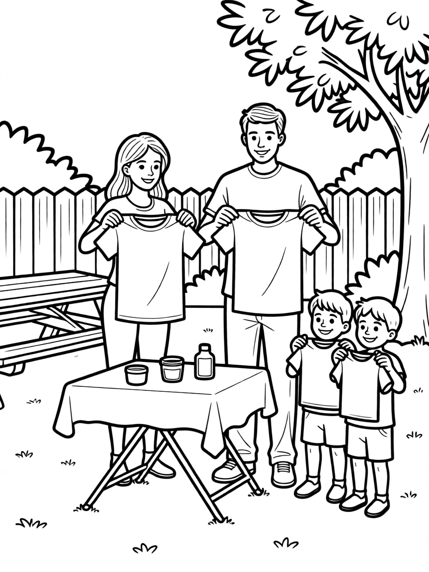 Family tie-dying t-shirts in the backyard