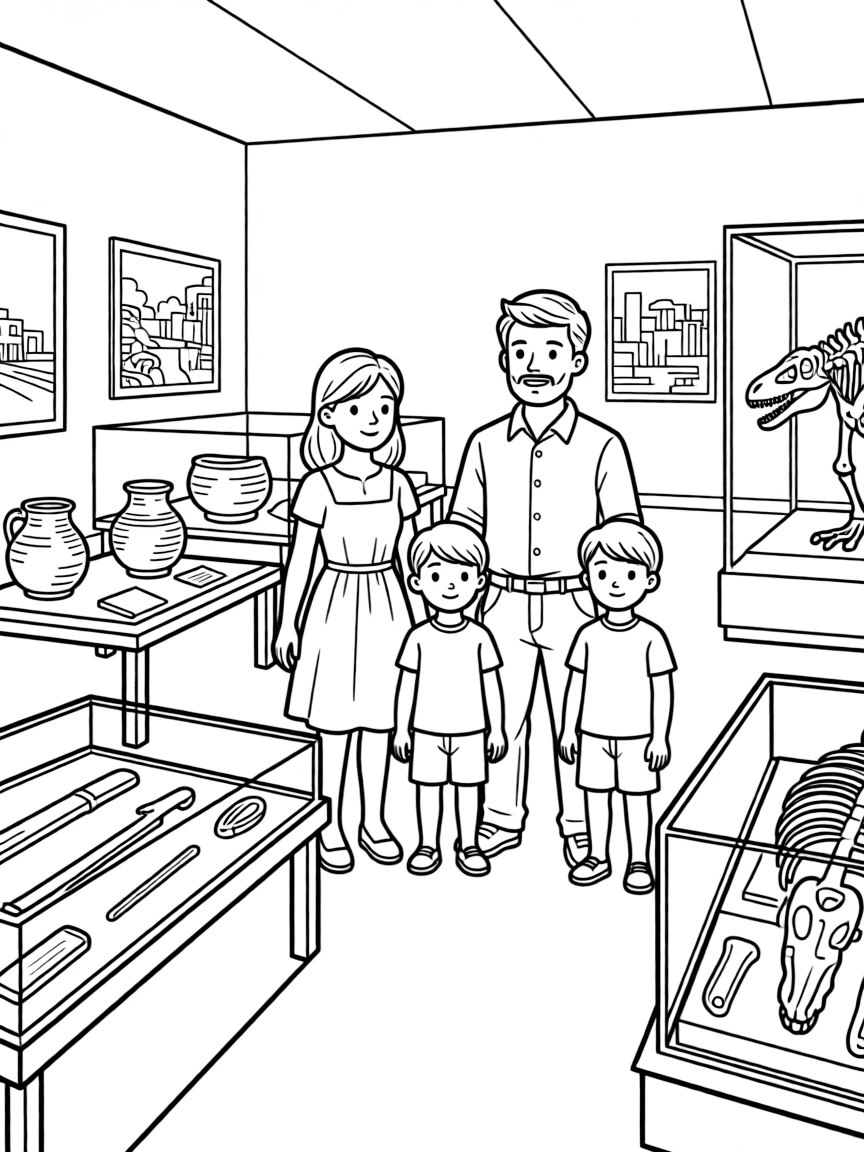 Family exploring a history museum with exhibits