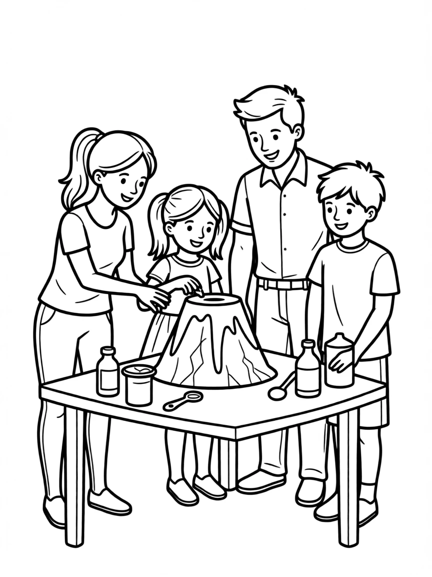 Family creating a volcano science project