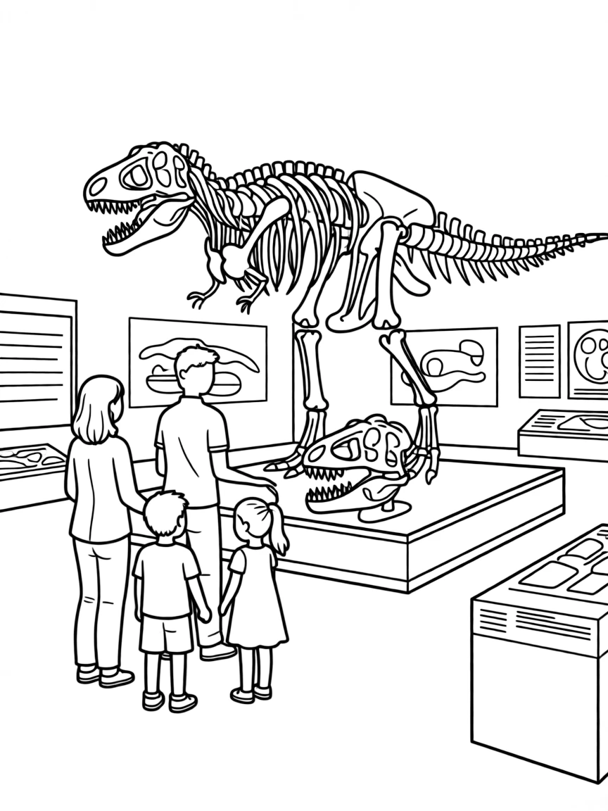 Family learning about dinosaurs at a museum