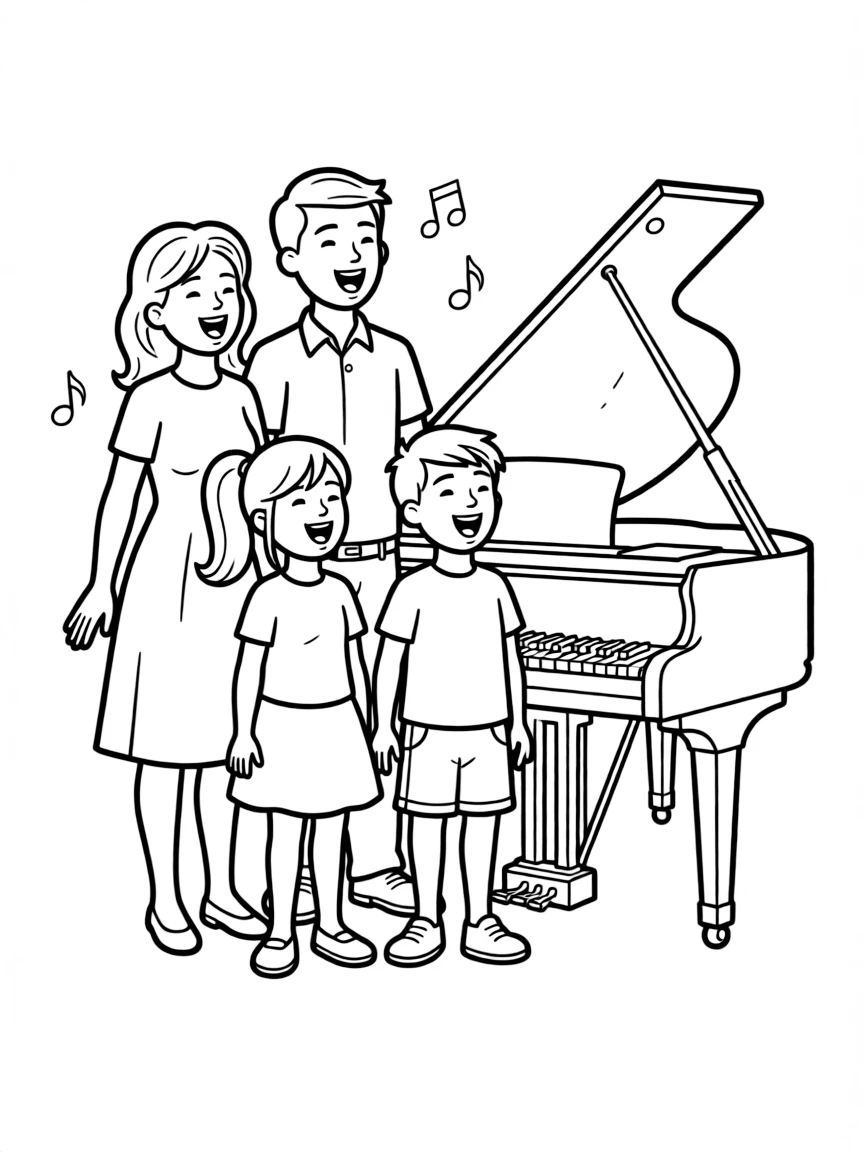 Family singing together around a piano