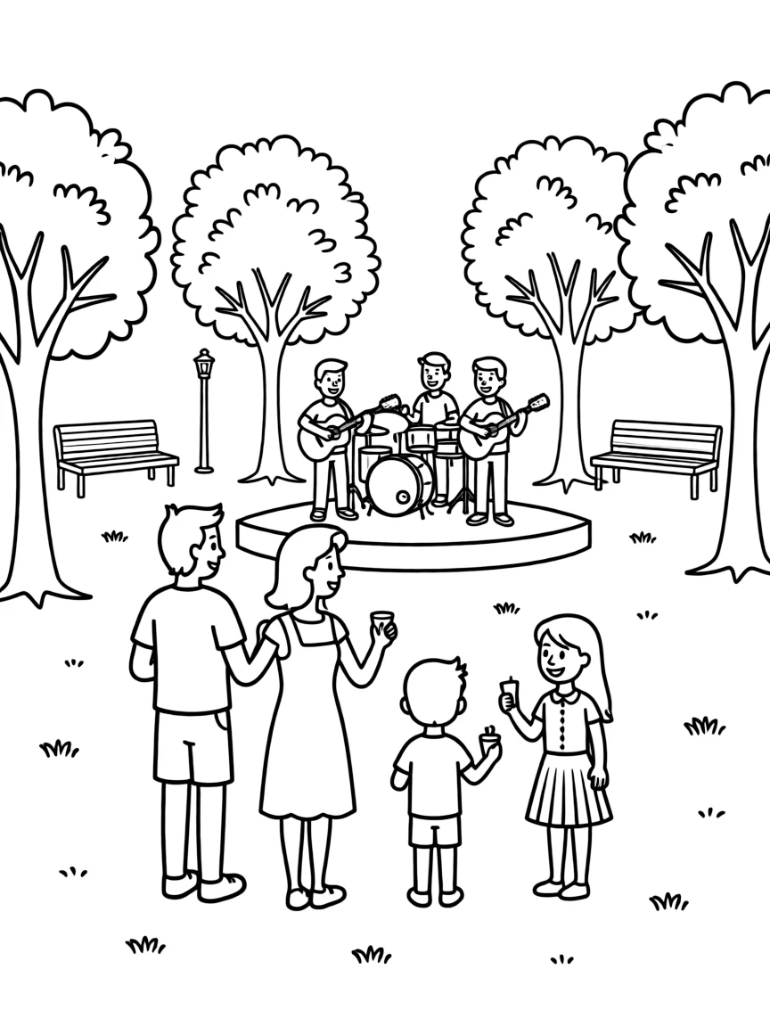 Family attending a community concert in a park