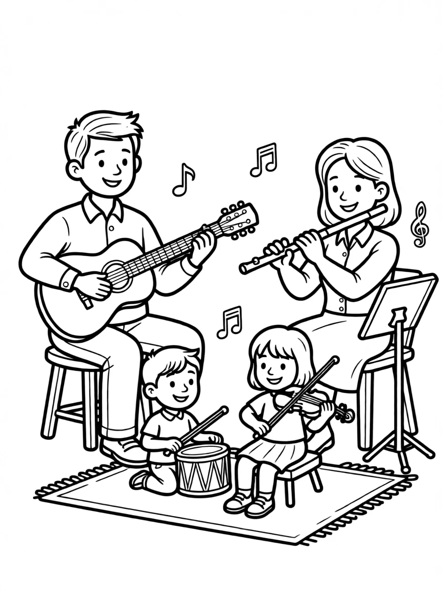 Children and parents practicing instruments together