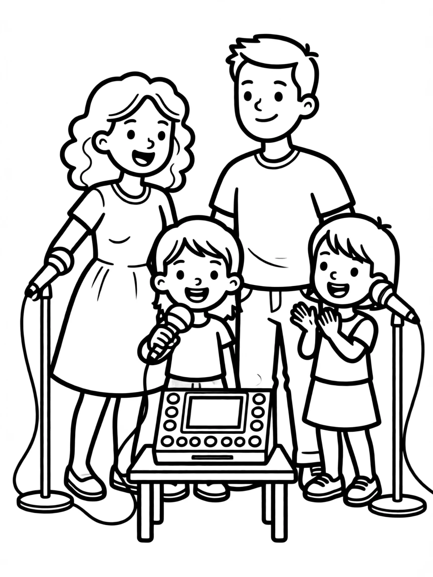 Family singing karaoke with a machine and microphones