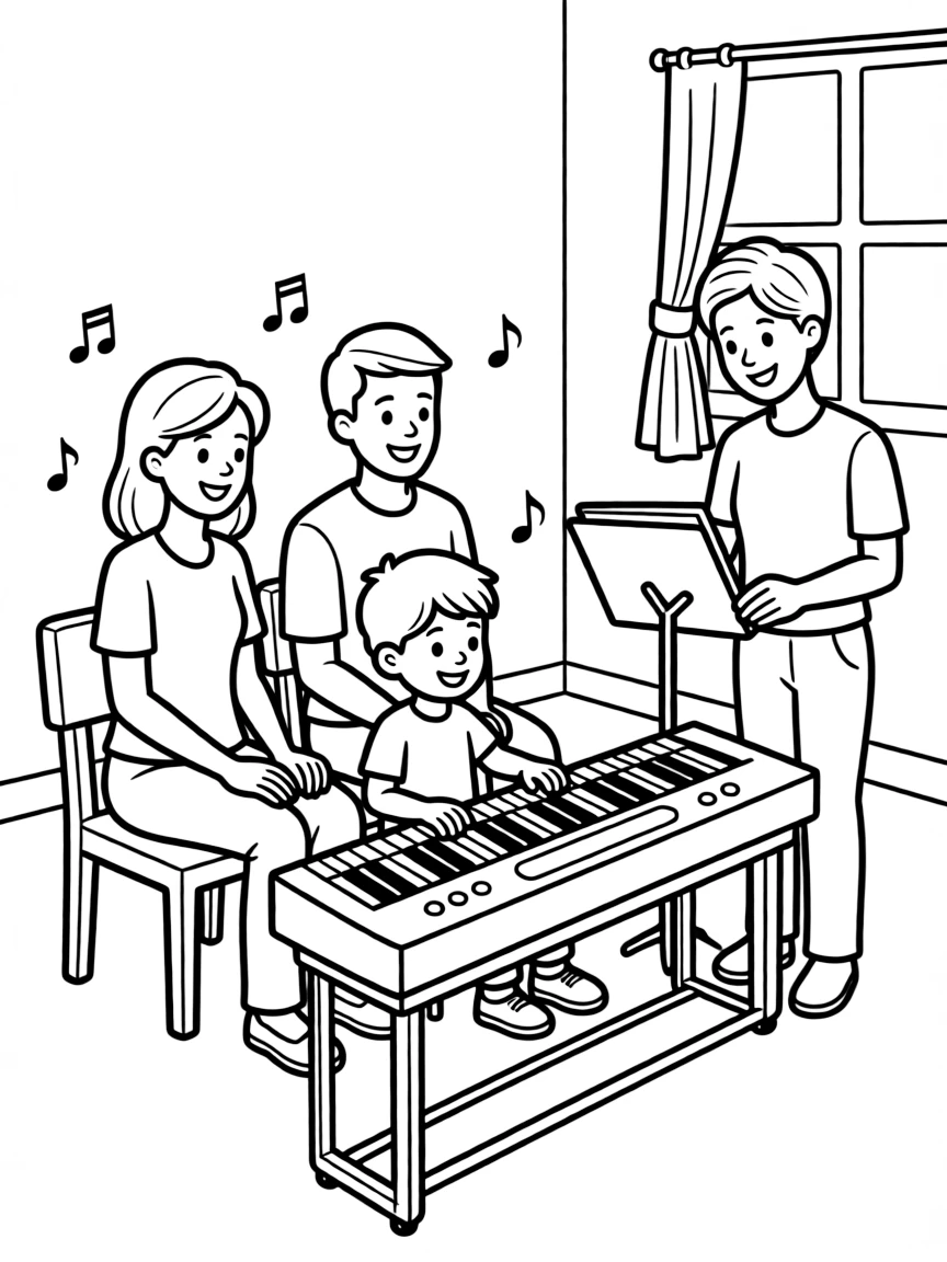 Parents and children attending a music lesson