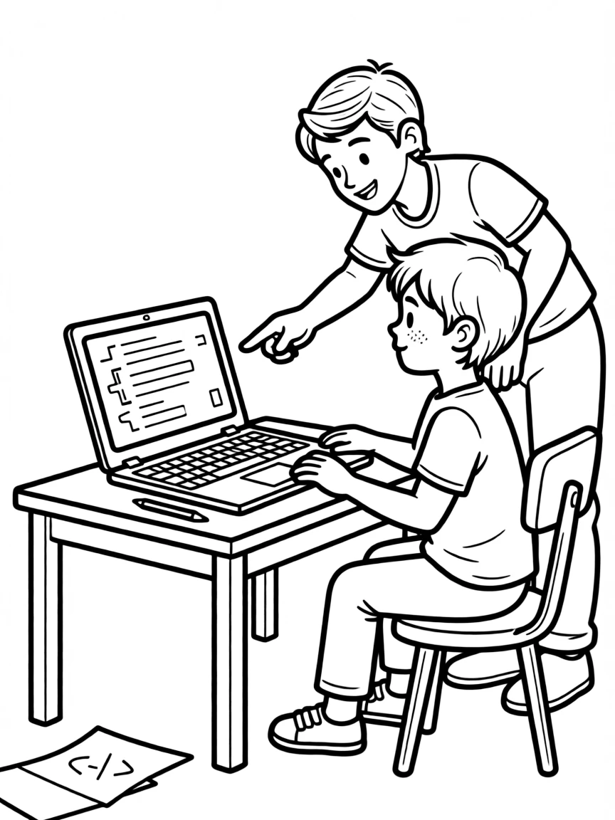 Children learning coding with parents' help