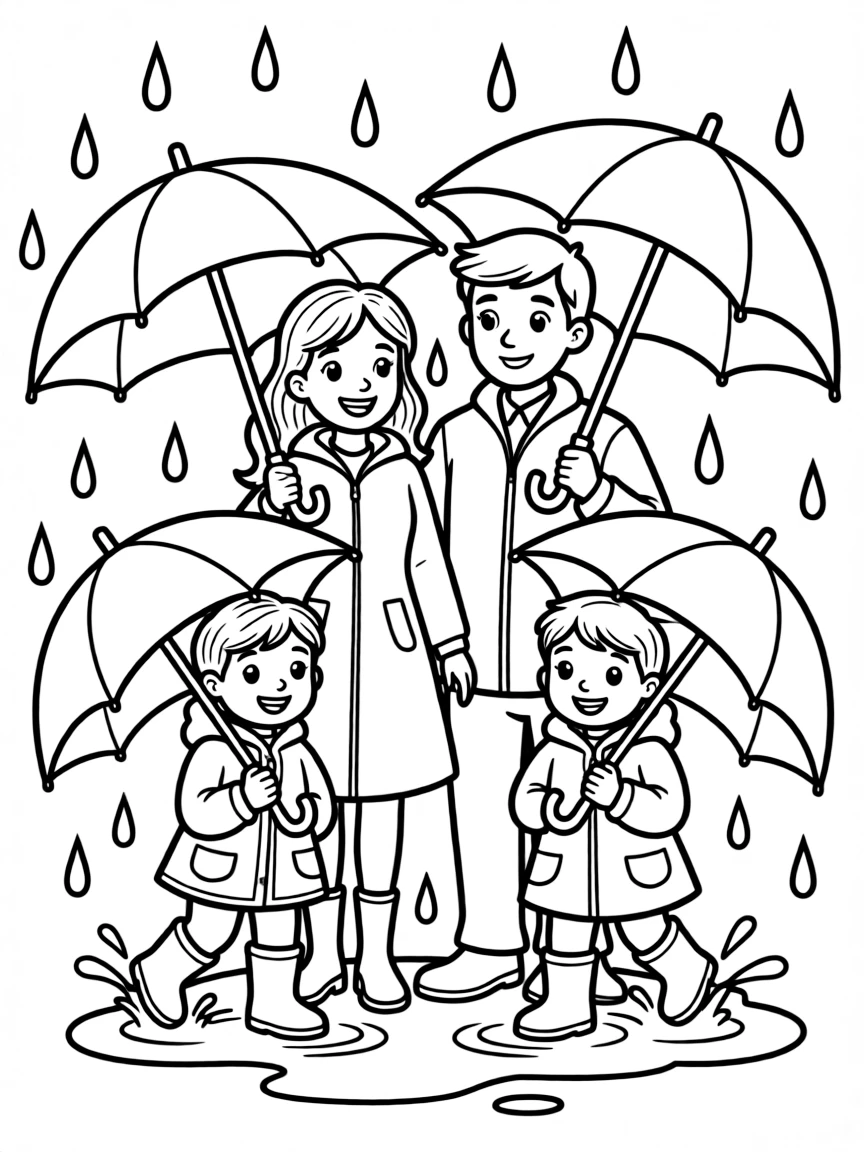 Family playing in the rain with umbrellas and boots