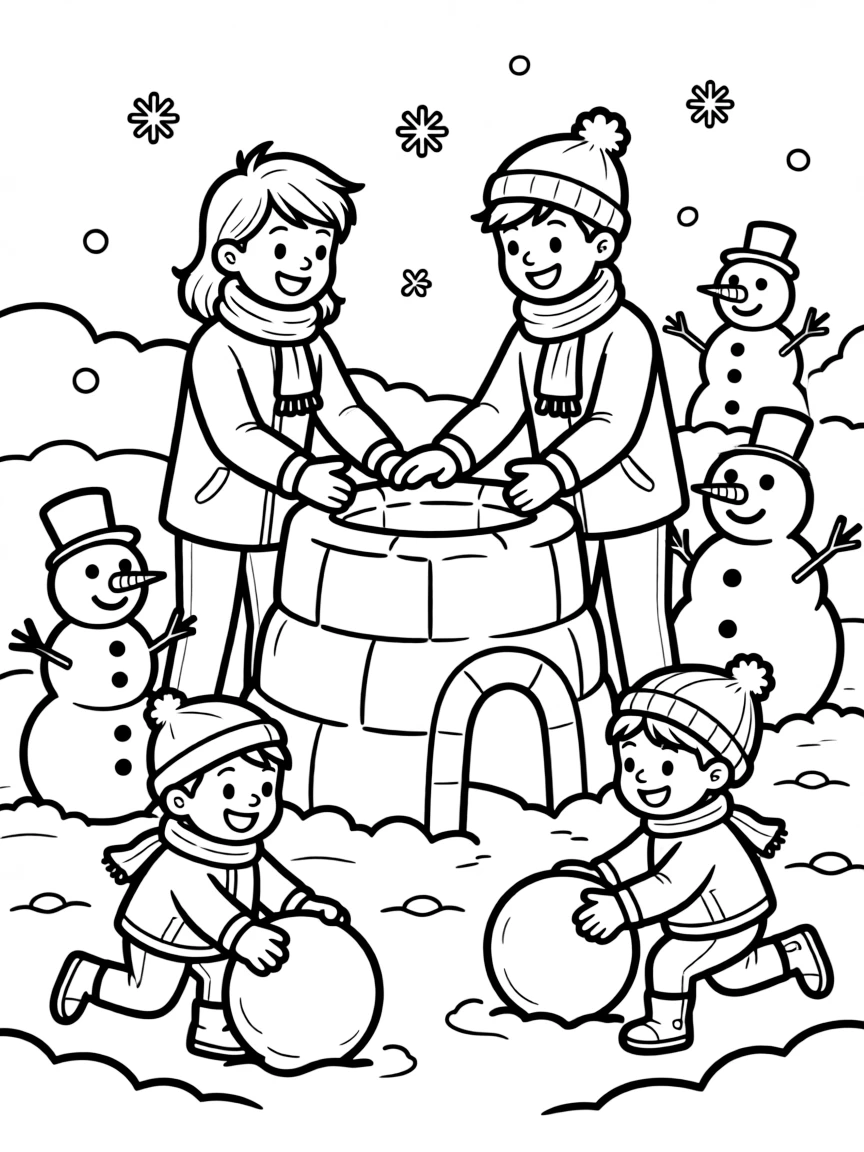 Parents and children building snow forts and snowmen