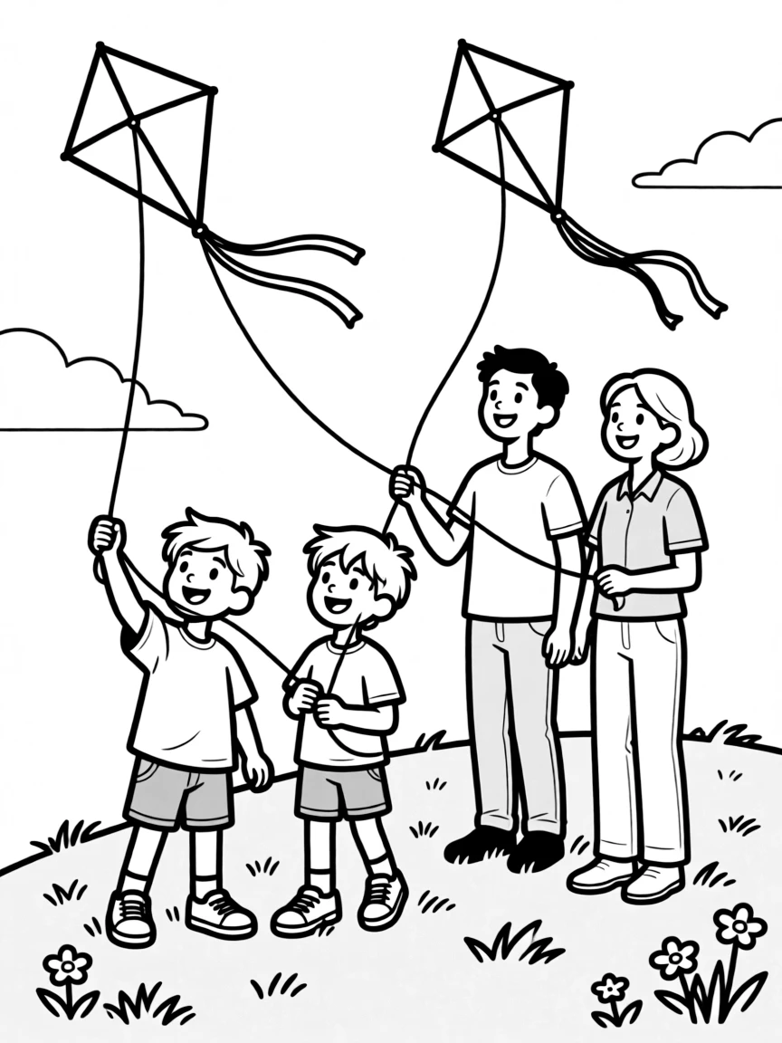 Children and parents flying kites on a windy day
